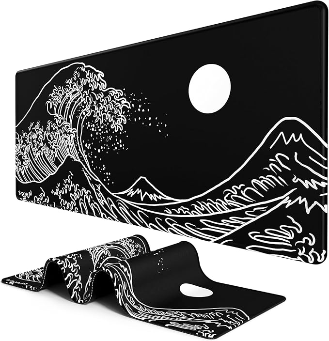 BOSOBO Large Desk Pad, XXL Extended Gaming Mouse Pad & Keyboard Mat, Desktop Full Cover 31.5 x 11.8 Inches, Art Japan Kanagawa Wave Black