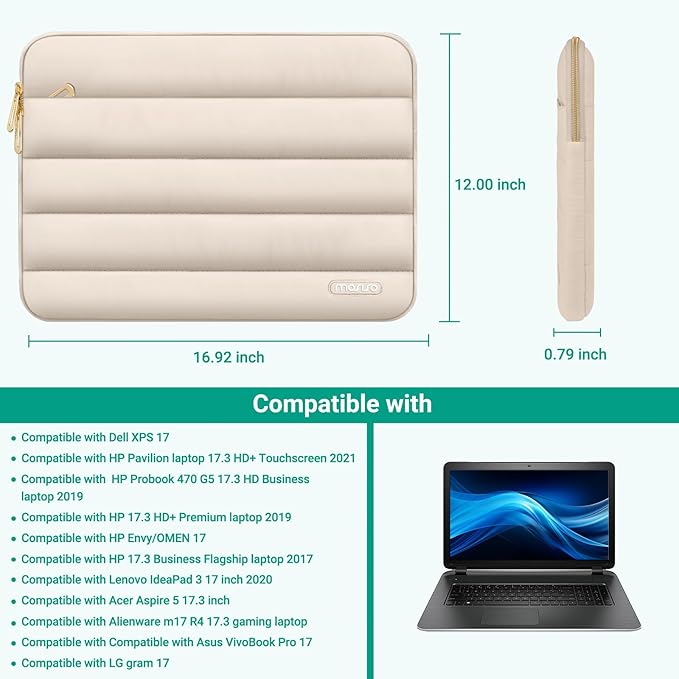 MOSISO Laptop Case 17.3 inch, 17-17.3 inch Puffy Laptop Sleeve Compatible with Dell XPS/HP Pavilion/Ideapad/Acer/Alienware/HP Omen Notebook Computer, Polyester Horizontal Bag with Small Case, Sand