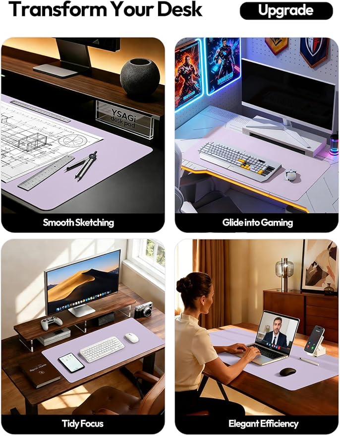 YSAGi Leather Desk Pad Protector, Office Desk Mat, Large Mouse Pad, Non-Slip PU Leather Desk Blotter, Laptop Desk Pad, Waterproof Desk Writing Pad for Office and Home (Light Purple, 47" x 17")
