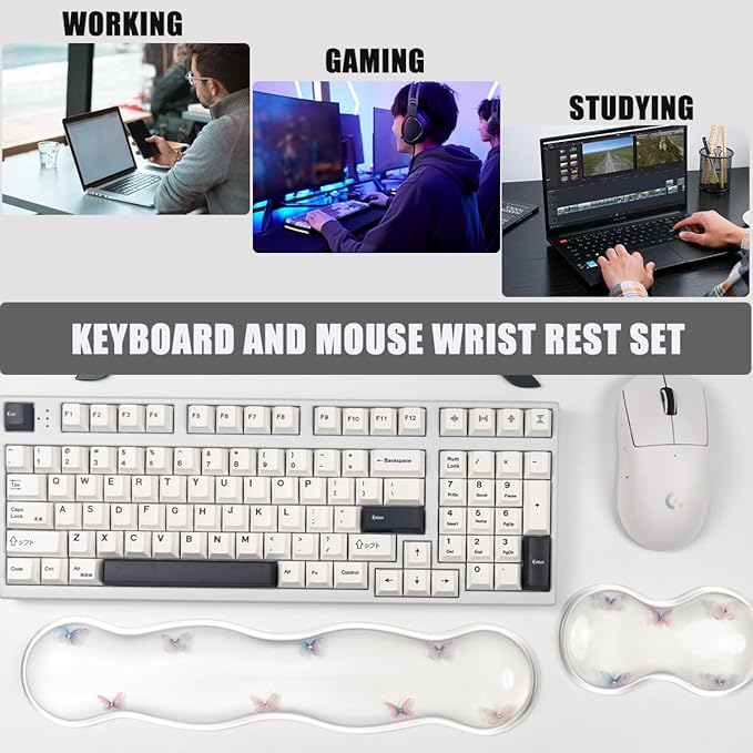 Gel Keyboard and Mouse Wrist Rest Set – Clear Wrist Rest for Computer Keyboard 60%/68%/75%, Comfort & Support for Typing and Gaming (Cute Butterfly)