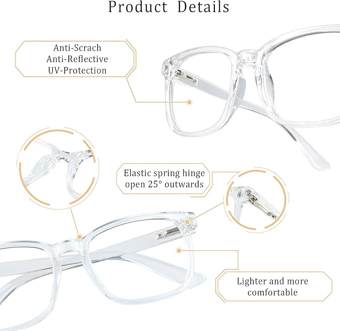 LifeArt 2 Pairs Blue Light Blocking Glasses with Spring Hinge, Computer Reading Glasses, Gaming Glasses, TV Glasses for Women Men (Clear&Blue, +1.50 Magnification)