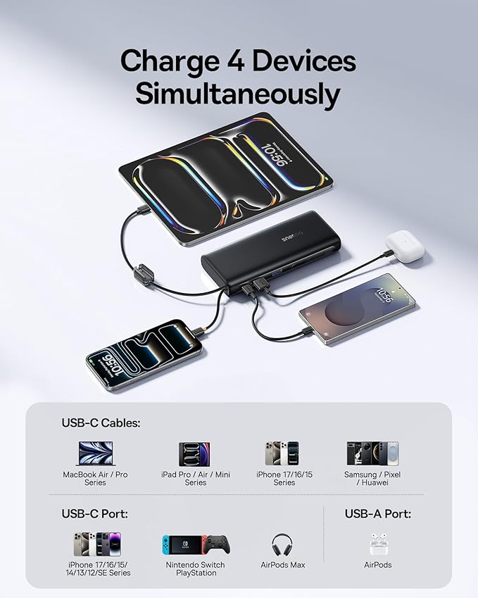 Baseus 25000mAh Power Bank, 140W Laptop Portable Charger with Dual Built-in USB-C Cables, PD3.1 Fast Charging Battery Pack for MacBook Pro/Air, iPhone 17/16/15/14, Galaxy S24, Steam Deck, iPad