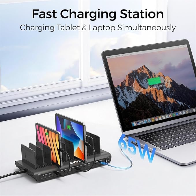 UNITEK 10-Port USB C Charging Station 96W with 2X 65W PD, [2A+8C] Laptop Charging Station for Multiple Devices, Fast Charger Dock for Home Office