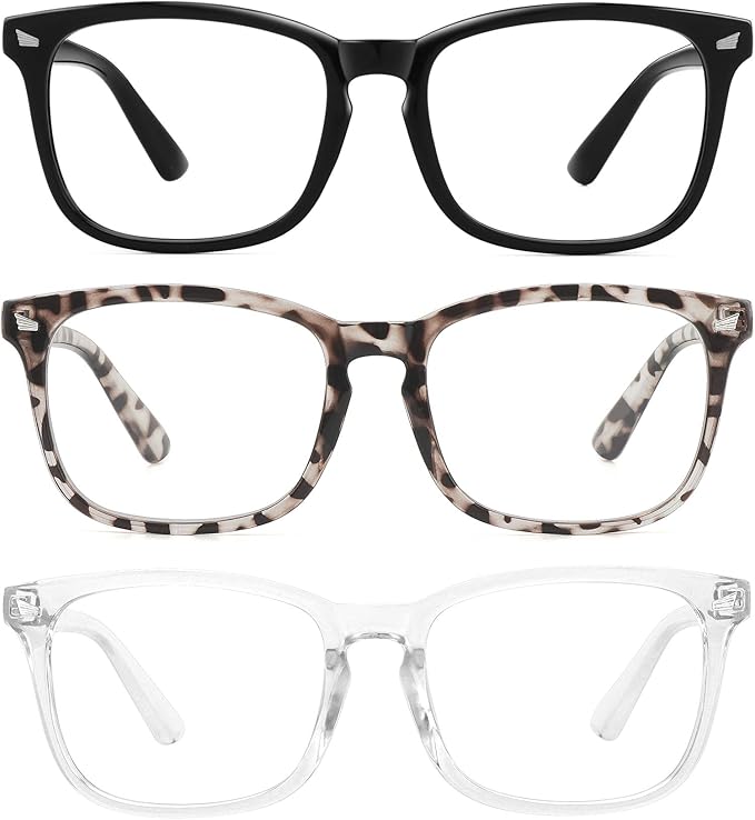 MEETSUN Blue Light Blocking Glasses, Anti Eye Strain Headache (Sleep Better),Computer Reading Glasses UV400 Transparent Lens (Black+Leopard+Clear, 53)