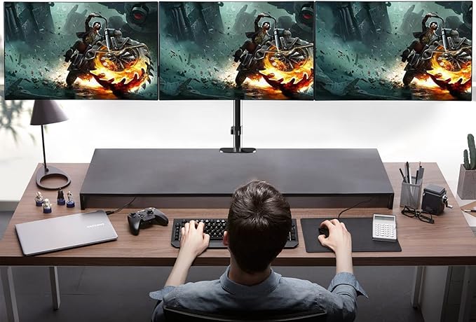 Pholiten Triple Monitor Mount for Desk, 2 Gas Spring Monitor Arms for 17-32 inches Screen, Fully Adjustable Heavy Duty Monitor Mount with Clamp & Grommet Mounting, Each Arm Holds 22 lbs