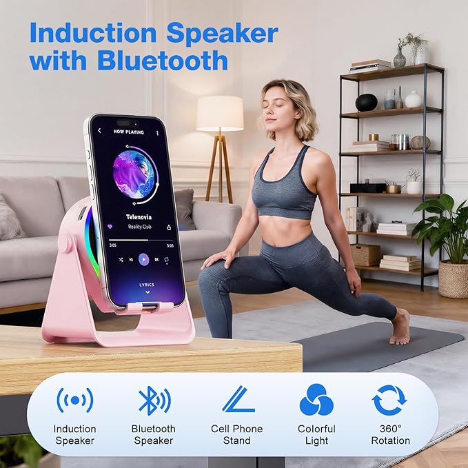 TARKARI Wireless Induction Speaker, 5 in 1 Bluetooth Speaker with 360 Rotation Cell Phone Stand and Colorful Ambient Light, Compatible with iPhone iPad Android Tablet, Birthday Gifts for Women Men