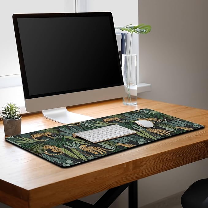 Extra Large Mouse Pad Yellow Green Office Desk Mats Gaming Mousepad Ga Mouse Pad Non-Slip Rubber Base Waterproof with Stitched Edges 35.4" X 15.7" for Game Office, Tropical Leaves