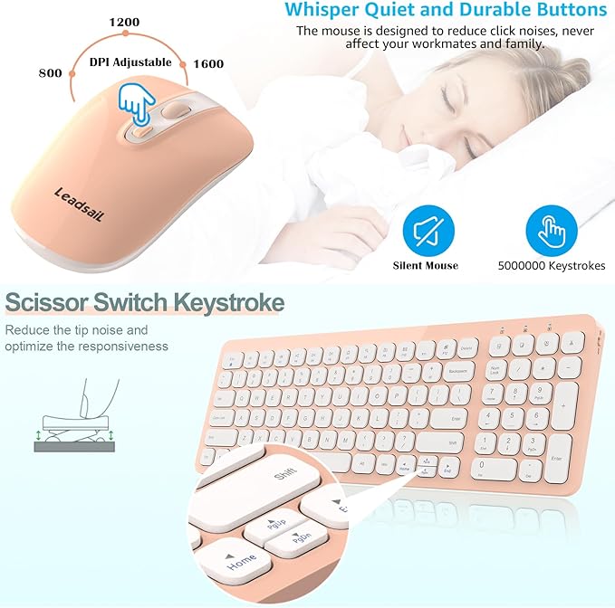 LeadsaiL Wireless Keyboard and Mouse Combo, Ergonomic Wireless Mouse and Keyboard Set for Computer, Compact and Silent Mouse and Keyboard for Laptop, Desktop, PC, Pink