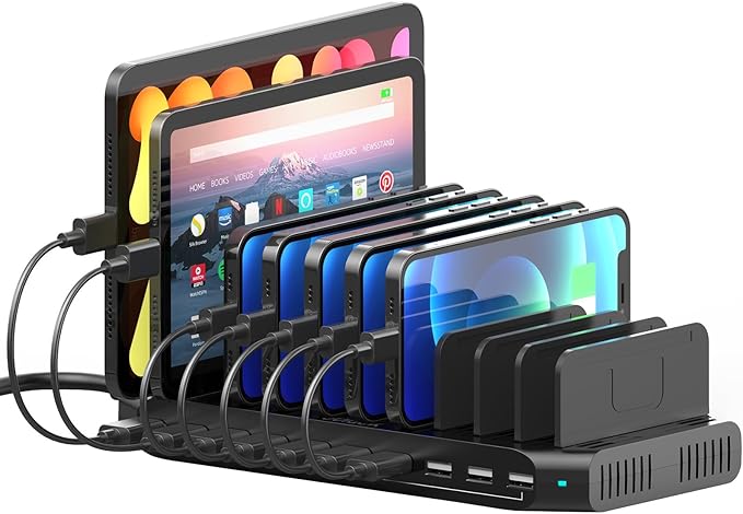 10-Port Multi Charging Station, 60W USB Tablet Charging Station for Multiple Devices, USB Charging Dock Multi Device Charger Organizer with Adjustable Dividers for Tablets, Smartphones