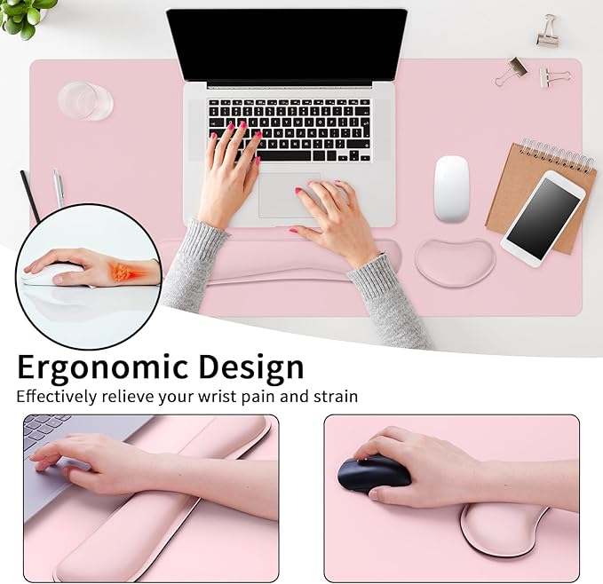 Mouse Pad and Keyboard Wrist Rest, Large Keyboard and Mouse Pad Set, Ergonomic Mousepad with Wrist Rest, Non-Slip Desk Mat Protector for Office, Home (31.5×15.7 Inches, Pink)