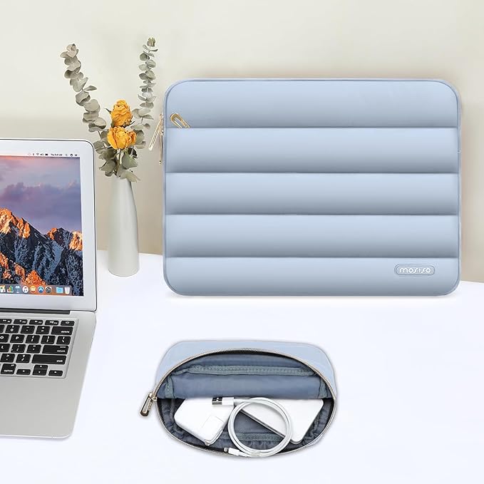 MOSISO Laptop Case 16 inch, 15-15.6 inch Puffy Laptop Sleeve Compatible with MacBook Pro 16 M5 M4 M3 M2 M1, HP Dell ASUS Acer Toshiba Lenovo, Polyester Horizontal Bag with Small Case, Baby Blue