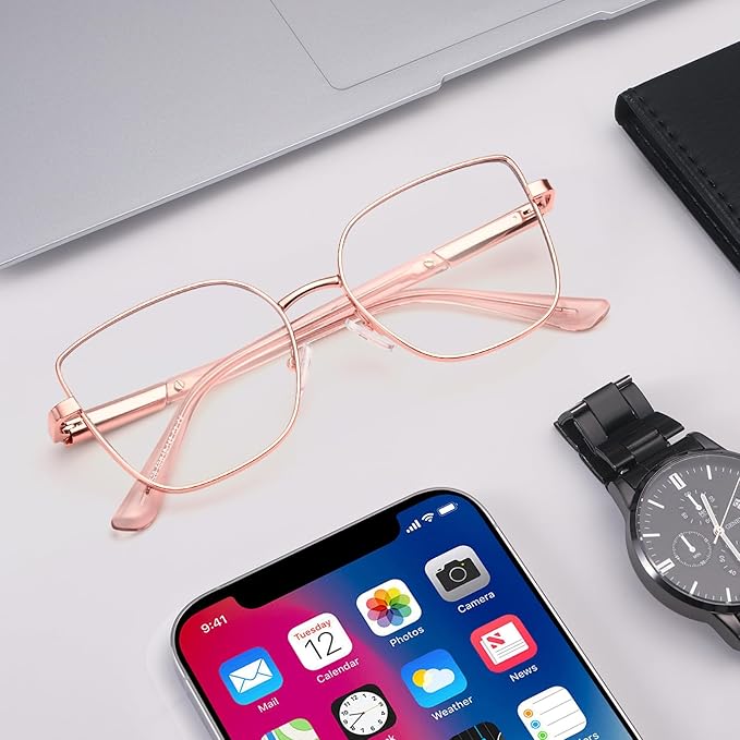 Dollger Pink Oversized Square Blue Light Blocking Glasses for Women Trendy Oversized Computer Gaming Eyeglasses Cat Eye Metal Frame bluelight glasses Rose Gold