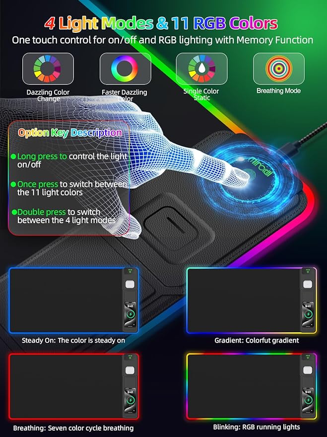 Mouse Pad with Adjustable Phone Stand Dual Wireless Charger, 15W Fast Charging Desk Mat, Extra Large 31.5x15.75 Waterproof Desk Pad for iPhone Samsung Air-Pods, Gaming Mousepad w/ 11&4 RGB