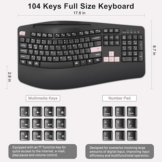 Wireless Keyboard and Mouse Combo, 2.4G Full Size Wave Keys Ergonomic Keyboard with Wrist Rest, Phone Holder, 3-Level DPI Wireless Silent Mouse with 6-Buttons, for Windows (Pink)