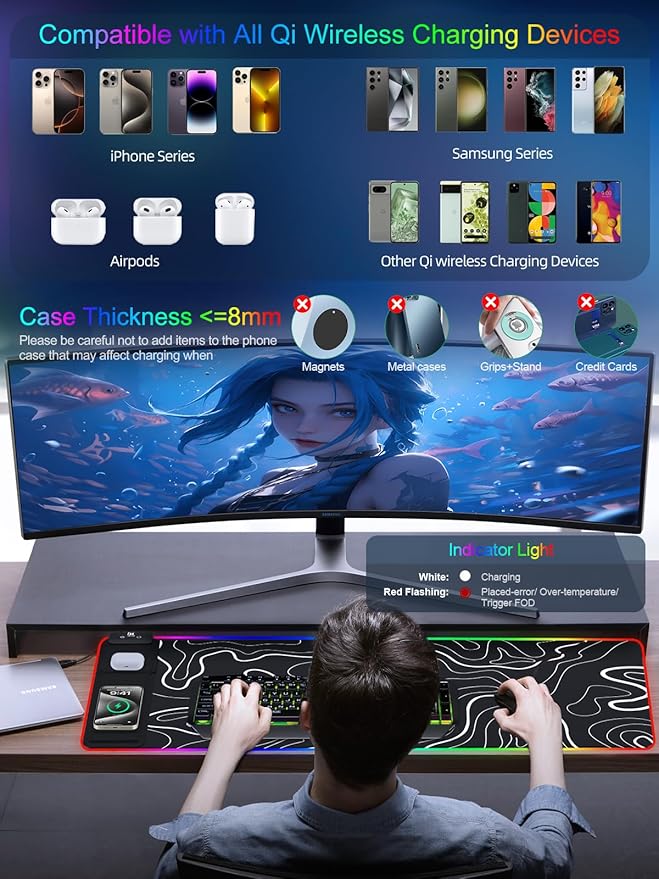 XXL Mouse Pad with Foldable Phone Holder - Black, RGB Desk Mat with 15W Fast Charging, LED Gaming Mousepad with 11 Light Colors, Waterproof Non-Slip Pad (Stand-XXL RGB Topographic)