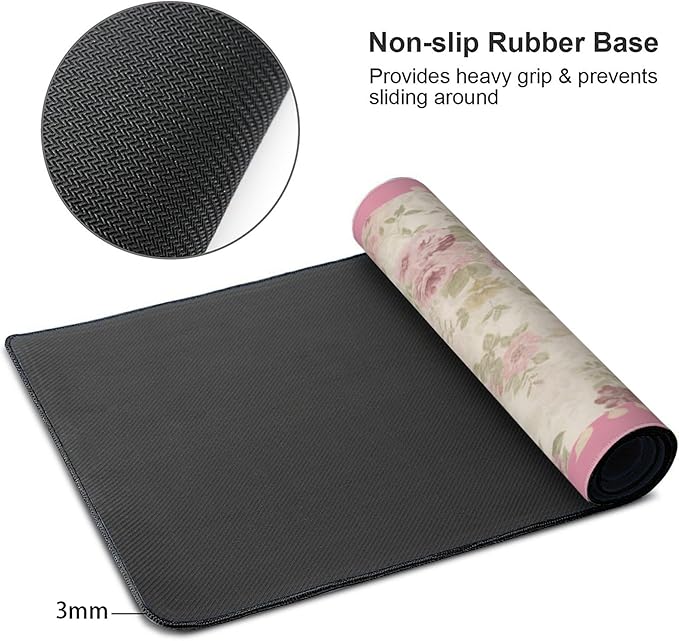 Aesthetic Floral Desk Pad for Women, Pink XXL Large Mouse Pad with Stitched Edges, Non-Slip Office & Home Desk Mat for Computer, Keyboard, Cute Office Decor & Supplies