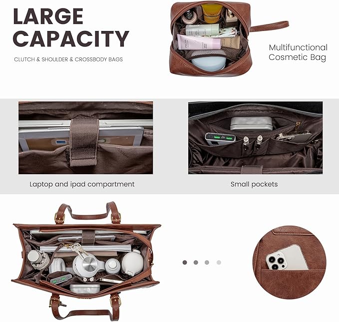 LOVEVOOK Laptop Bag for Women Vintage Leather Work Tote 15.6 inch Large Capacity Computer bag with Clutch Purse for Office, Travel, Casual