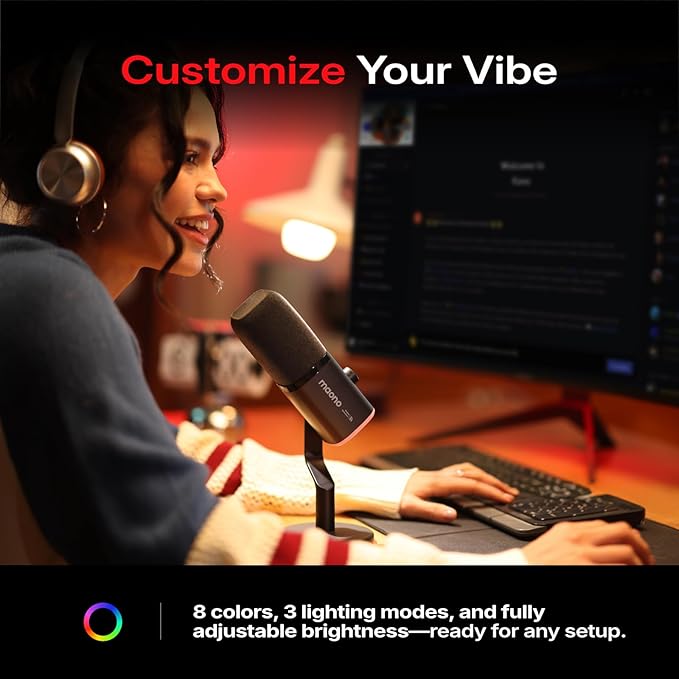 MAONO PD100WS Wireless Gaming Microphone for PC, Dynamic Streaming USB Mic with 3 Level Noise Cancelling,RGB,Mute Button, Software EQ,Computer Boom Mic for Podcast, Vocal Recording, Black