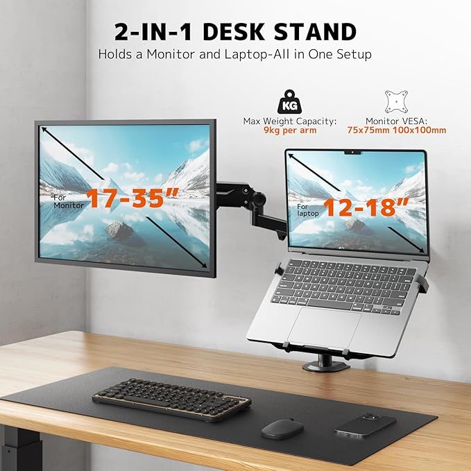 PUTORSEN Laptop Arm Mount for up to 35'' Monitors, Laptop Tray for Max 18'' Notebook, Fully Adjustable Spring Laptop Desk Mount Holds Max 19.8lbs, VESA 75x75/100x100 mm