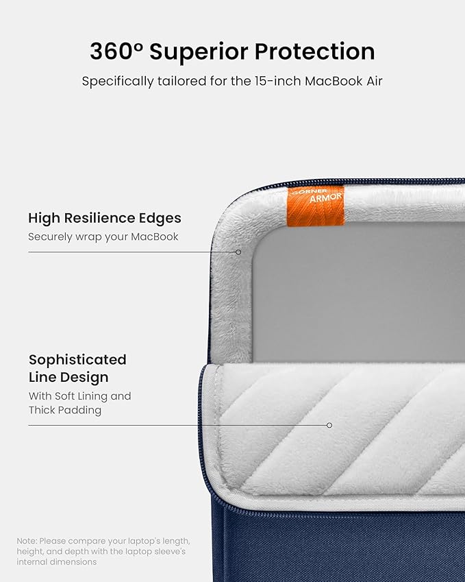 tomtoc 360° Protective Laptop Sleeve for 15-inch New MacBook Air M5/A3448 (2026), M4/A3241, M3/A3114, M2/A2941, Water-Resistant Laptop Case Fits 15-inch MacBook Pro A1990 A1707 & Surface Laptop AI PC