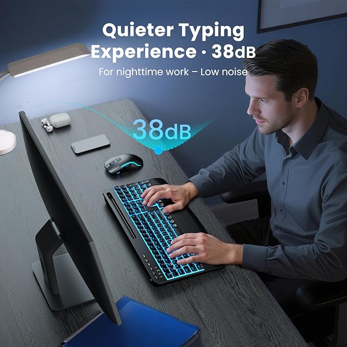 Wireless Keyboard and Mouse Combo, (Upgraded Version) Rechargeable Backlit Ergonomic Keyboard with 4000mAh Battery, Wrist Rest and Phone Holder, Quiet for PC/Mac/Laptop/Windows/Chrome OS - SABLUTE