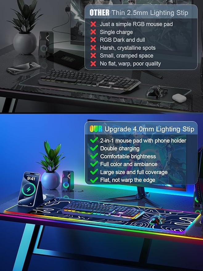 XXL Mouse Pad with Foldable Phone Holder - Black, RGB Desk Mat with 15W Fast Charging, LED Gaming Mousepad with 11 Light Colors, Waterproof Non-Slip Pad (Stand-XXL RGB Topographic)