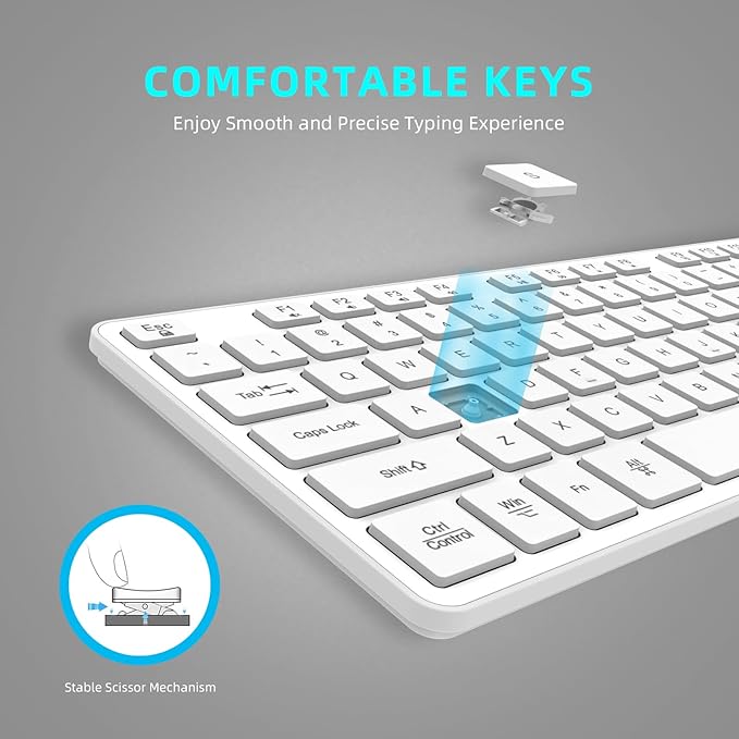 Slim Wireless Keyboard for Mac and Windows, Ultra Quiet Low-Profile Flat Key Board with Full-Size Keys, 2.4GHz Wire Less for PC, Mac, Windows 11/10/8/7 (Wireless Keyboard White-1)
