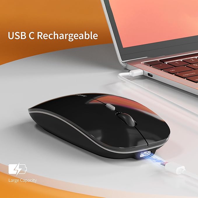 Uciefy Q5 Slim Rechargeable Wireless Mouse, 2.4G Portable Optical Silent Ultra Thin Wireless Computer Mouse with USB Receiver and Type C Adapter, Compatible with PC, Laptop, Notebook, Desktop Black