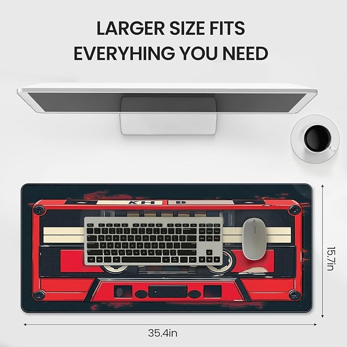 Retro Cassette Tape Design Mouse Pad, 35.4 x 15.7 Inches Gaming Desk Mat with Non-Slip Base for Home Office School Business