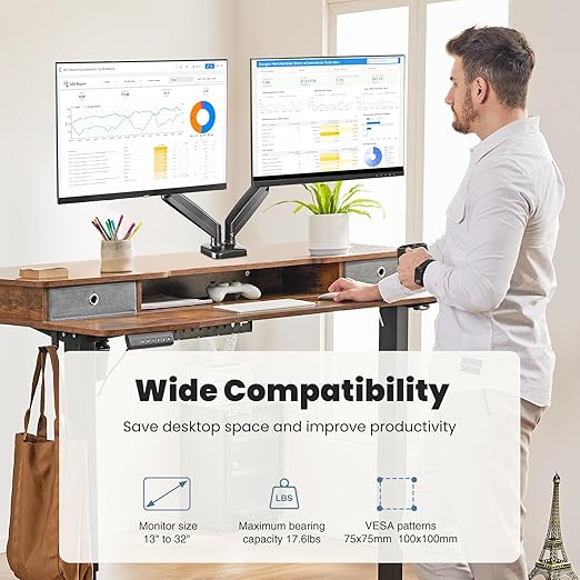 DUMOS Set of 2 Dual Monitor Stand for Desk, Gas Spring Monitor Arm for 2 Monitors Max 32 Inches, Fully Adjustable Double Monitor Mount, VESA Mount with C-Clamp/Grommet Base, Holds Screen 17.6 lbs