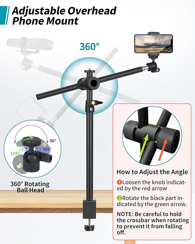 Overhead Camera Mount Desk Stand, Camera Arm Desk Mount Clamp Stand with 360??Adjustable Magic Arm, Webcam Arm Mount Stand w Ballhead Phone Mount for Desk Logitech Microphone Video Light Cell Phone - Image 3