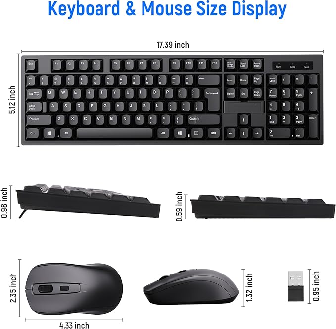 Wireless Keyboard and Mouse Combo-Full Size QWERTY Layout 2.4G Stereo Keycap Ergonomically Designed for Laptop,PC,Notebook,Windows,Computer,with USB-A&Typ-C 2-in-1 Receiver