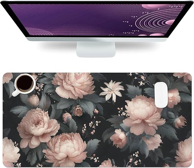 Large Mouse Pad, Black Flowers Desk Mat for Desktop, Women Girls Flowers PU Leather Waterproof Desk Pad, Computer PC Laptop Protector Gaming Mouse Pads for School Office Home 31.5" x 15.7"