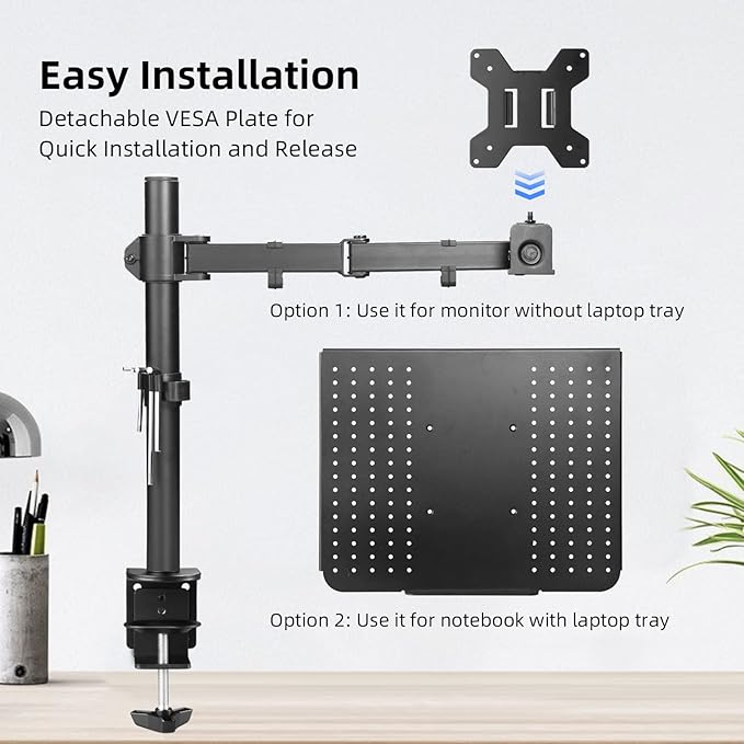 Suptek Single Laptop Notebook Desk Mount with Tray for 13-27 inch Computer Screen, Fully Adjustable Laptop Desk Arm for Notebook up to 17’’, Weight up to 15.6 lbs