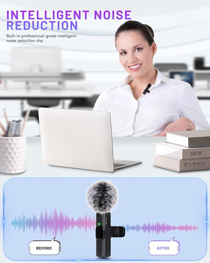 𝟮𝟬𝟮𝟰 Professional Wireless Lavalier Microphone for iPhone iPad, Wireless Microphone- 2 Pack Noise Canceling Crystal Clear Recording with USB-C, Live Streaming, YouTube, TikTok