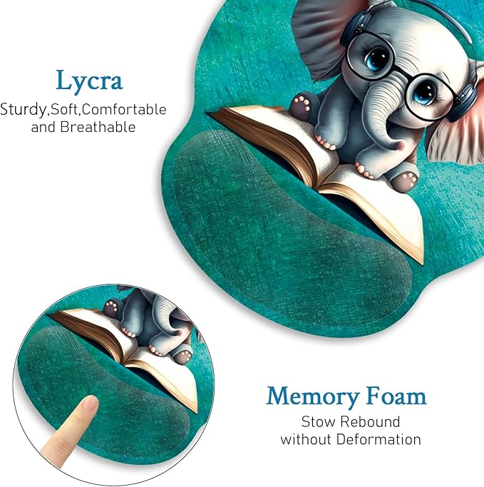 Mouse Pad with Wrist Rest, Mousepad with Wrist Support, Ergonomic Wrist Rest Mouse Pad for Desk Accessories Office Supplies Decor Computer Laptop Gaming, Non-Slip Pain Relief PU Base Women Elephant