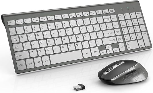 Wireless Keyboard and Mouse, J JOYACCESS Slim and Ergonomic Wireless Keyboard and Mouse Combo,Portable and Comfortable Typing for Laptop/Computer/Desktop/PC-Grey/Silver