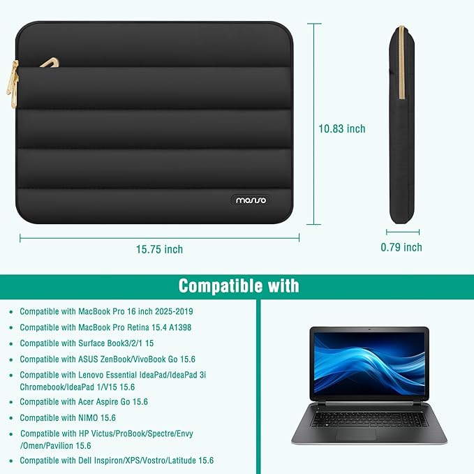MOSISO Laptop Case 16 inch, 15-15.6 inch Puffy Laptop Sleeve Compatible with MacBook Pro 16 M5 M4 M3 M2 M1, HP Dell ASUS Acer Toshiba Lenovo, Polyester Horizontal Bag with Small Case, Black