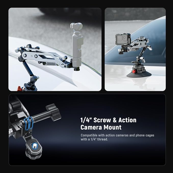 NEEWER Vacuum Suction Cup Car Mount for Action Camera with Hydraulic Boom Arm, NATO Rail, Compatible with DJI Osmo Pocket 3 Insts360 X5 X4 X3 Hero Adapter Holder, 18oz/500g Max Load, GA022 - Image 7