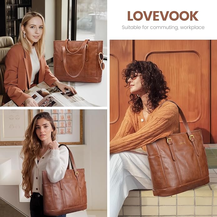 LOVEVOOK Laptop Tote Bag for Women,Vintage Leather Work Tote Bag for Women Computer Briefcase Bag,Waterproof Teacher Business