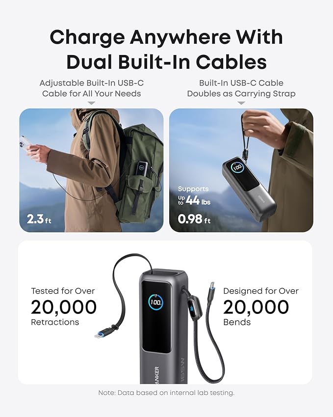 Anker Prime 65W Power Bank with Built-in USB-C Cable - US Black Zolo 25K 165W Power Bank with USB-C and Retractable Cable