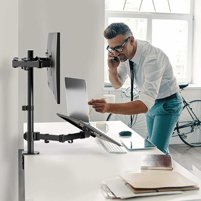 HUANUO Laptop Mount, Height Adjustable Dual Monitor Mount with Laptop Keyboard Tray Fit Two 13 to 27 Inch Flat Curved Computer Screens and 10 to 17 Inch Notebooks