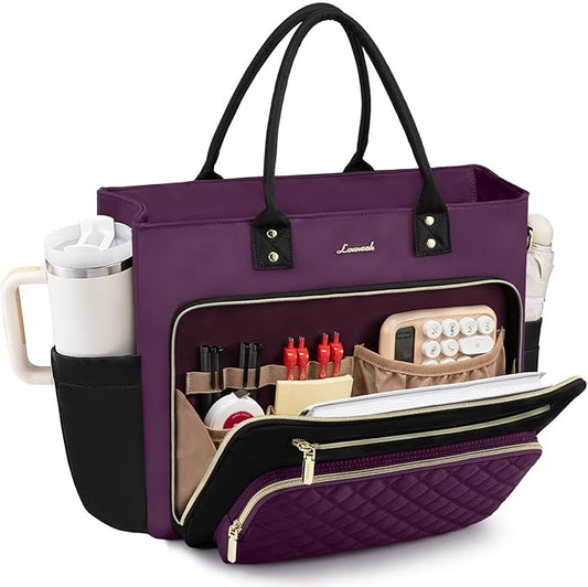 LOVEVOOK Teacher Tote Bag for Women Work, Laptop Bag Work Tote Bag Nurse Bags With Large Cup Holder, Professional Computer Briefcase Business Large Purses Handbag, Diaper Bag Mother Gift, Black-Purple