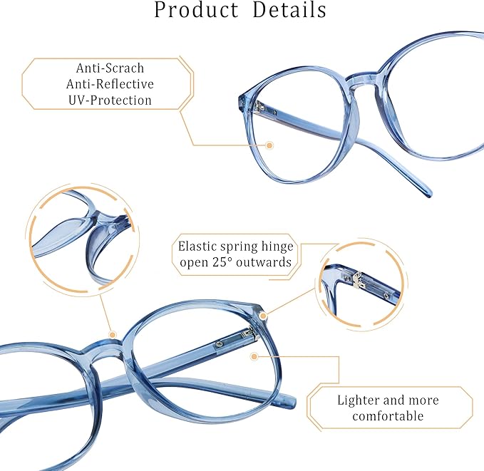 LifeArt Round Blue Light Blocking Glasses, Computer Glasses, Gaming Glasses, TV Glasses for Women Men (Light Blue, 3.25 Magnification)