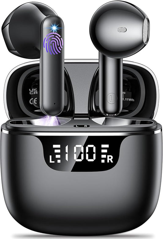 Wireless Earbuds, Bluetooth 5.4 Headphones with 42H Ultralight Ear Buds, Bluetooth Earbuds with 4 ENC Noise Cancelling Mics, HiFi Deep Bass Dual LED Display USB-C, IPX6 Waterproof Earphones Black