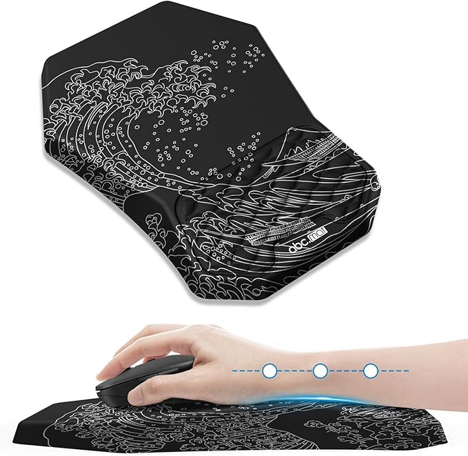 Ergonomic Mouse Pad Wrist Rest Support, Massage Design Surface for Carpal Tunnel Pain Relief, Memory Foam, Non-Slip PU Base for Computer Desk, Kanagawa Japanese Sea Wave