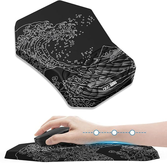 Ergonomic Mouse Pad Wrist Rest Support, Massage Design Surface for Carpal Tunnel Pain Relief, Memory Foam, Non-Slip PU Base for Computer Desk, Kanagawa Japanese Sea Wave