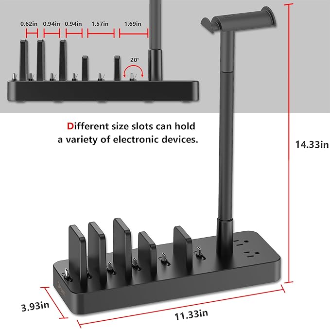 Drevet Charging Station for Multiple Devices, 6 Port USB C Fast Charger Station with 2 AC Outlets and Headset Stand, USB Charging Dock Compatible with Cellphone, Tablet, Kindle, iPhone, iPad and More