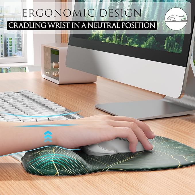 MROCO Ergonomic Mouse Pad with Gel Wrist Rest, Smooth Wrist Support Surface, Non-Slip PU Base for Pain Relief, Comfortable Mousepad for Computer, Laptop, Office & Home, 9.4 x 8.1 in, Green Leaves
