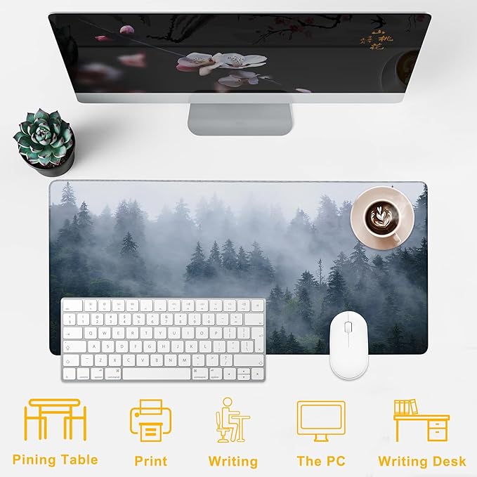 Desk Mat Misty Forest Desk Pad for Keyboard and Mouse, Large Big Gaming Mouse Pad with Stitched Edges for Work Game, 35.43 x 15.75 in